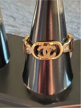 Size 9 Gold & Black Ring with small clear stones,